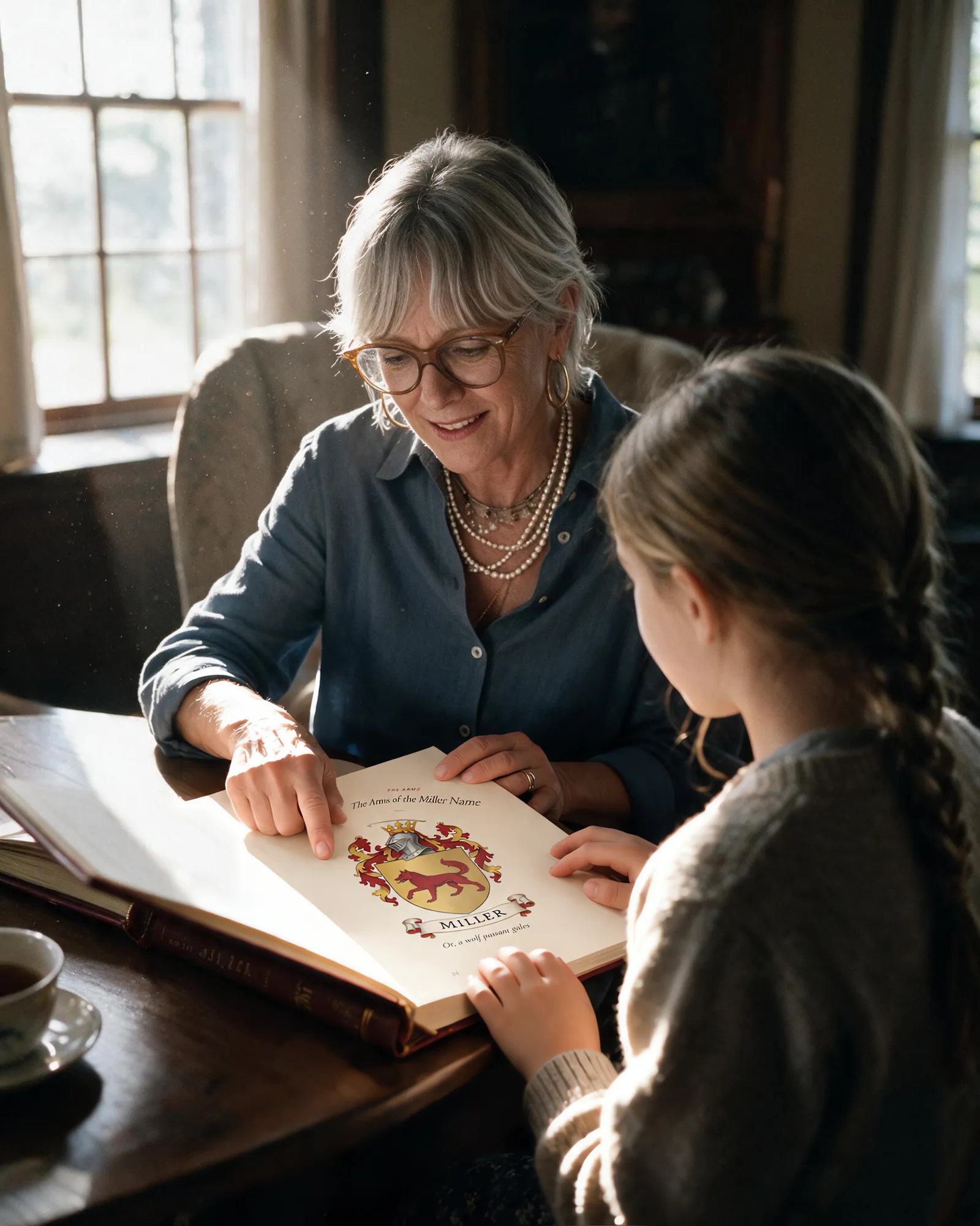 A grandmother and her granddaughter reading their family history book together