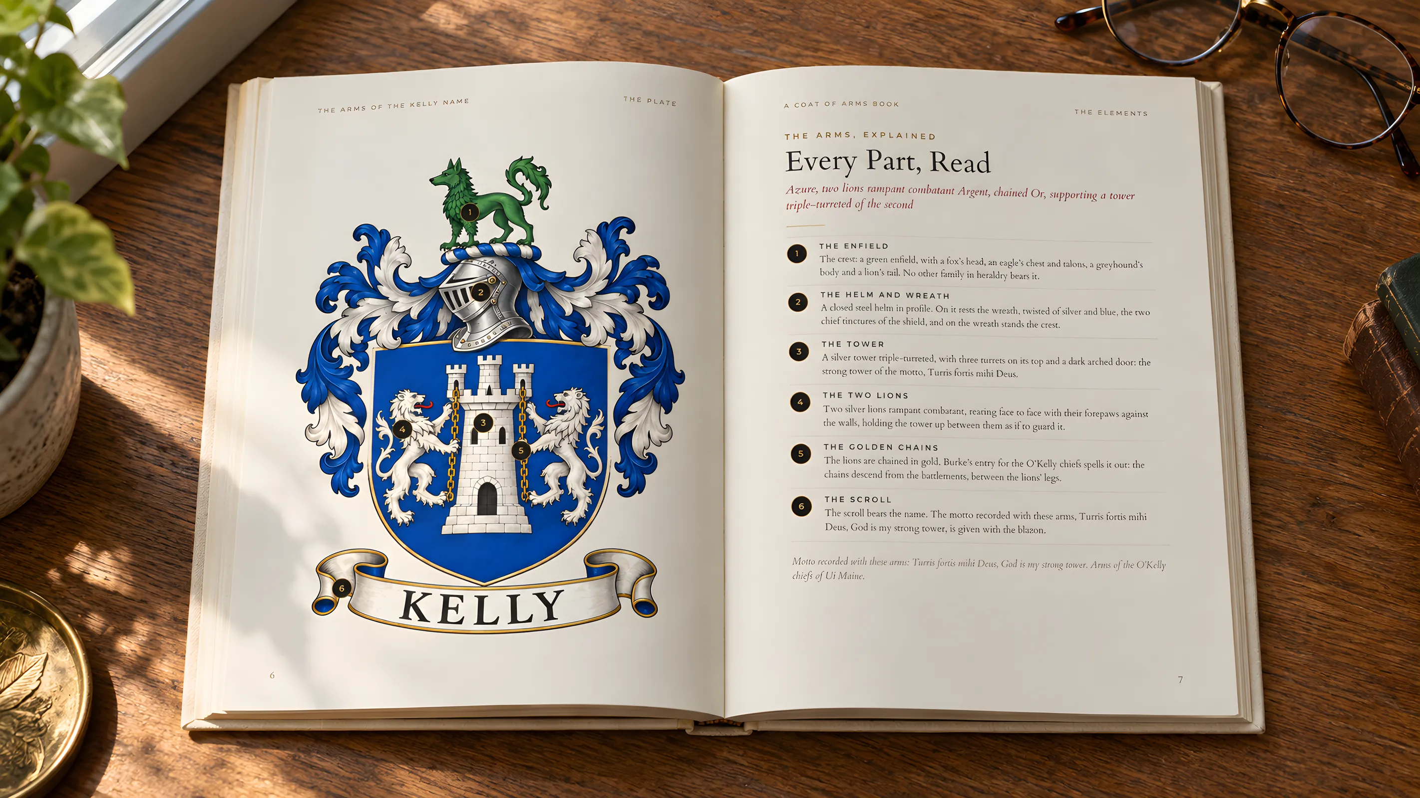 Inside the book: the coat of arms in full color, and a page that explains every part
