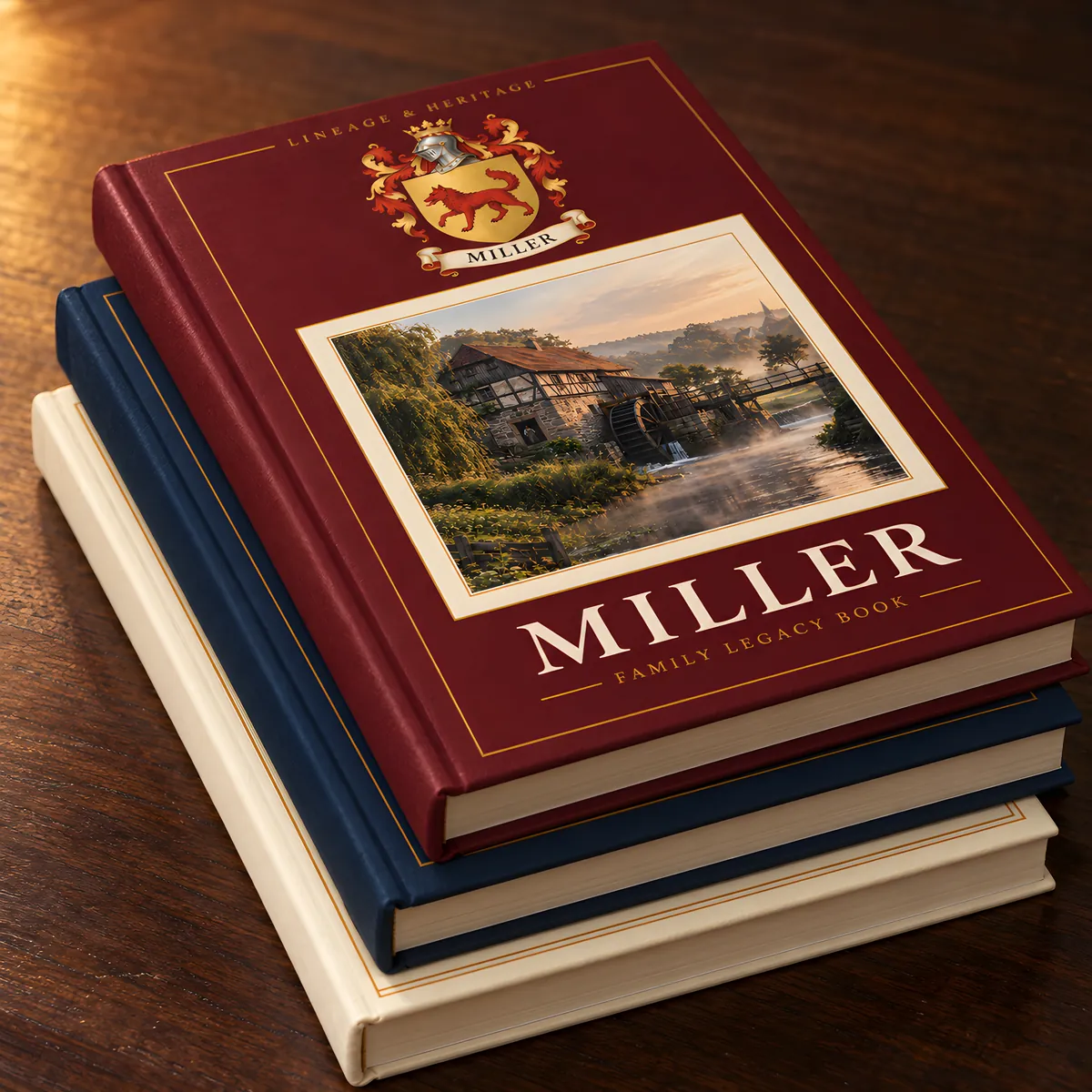 The hardcover book resting on a stack of books