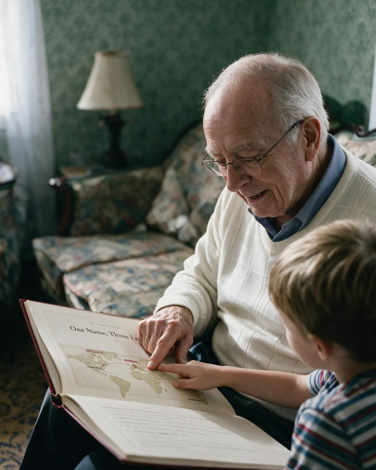 A grandfather reading the family book with his grandson on the sofa