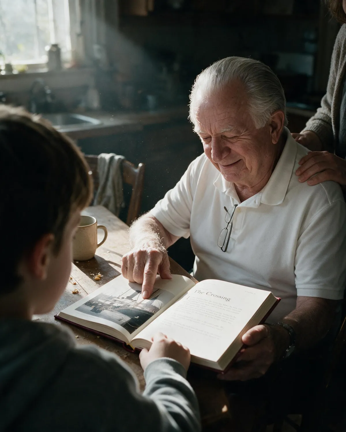 A grandfather showing the family book to his grandson